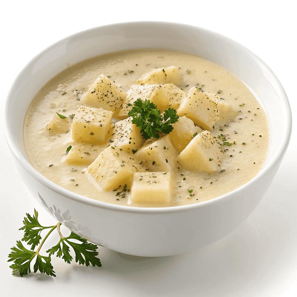 German-style creamy potato soup served in a white bowl