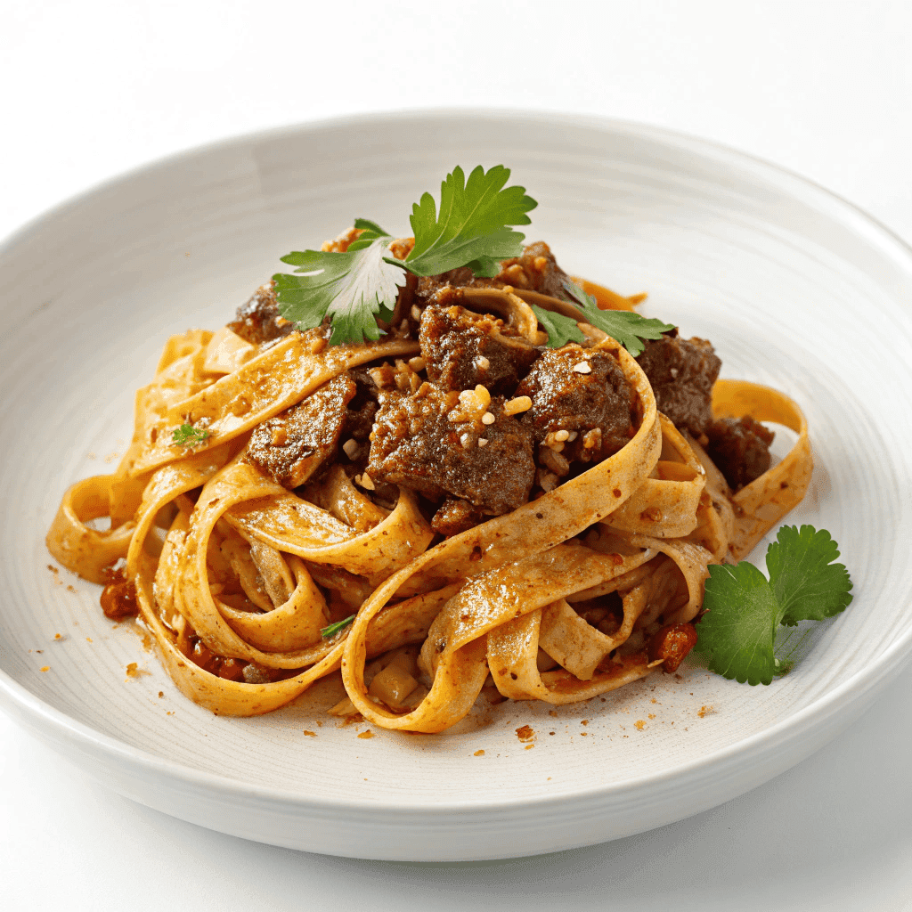 Cumin-spiced lamb noodles served on a white plate with cilantro
