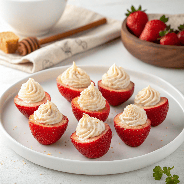 Strawberry halves filled with piped cream served on a white plate