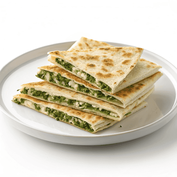 Gözleme flatbread slices with green filling served neatly on a white plate