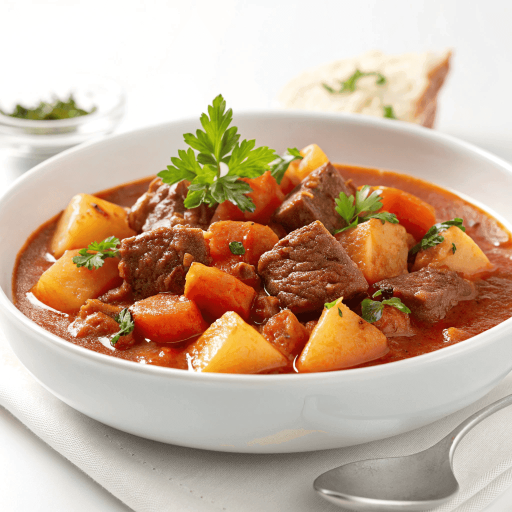 Traditional German goulash with beef and vegetables in a white bowl