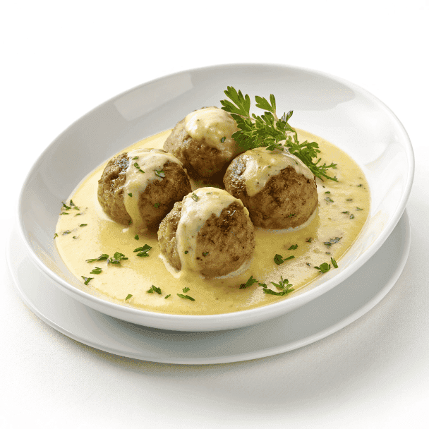 Keftedes meatballs served with smooth lemon sauce on a white plate