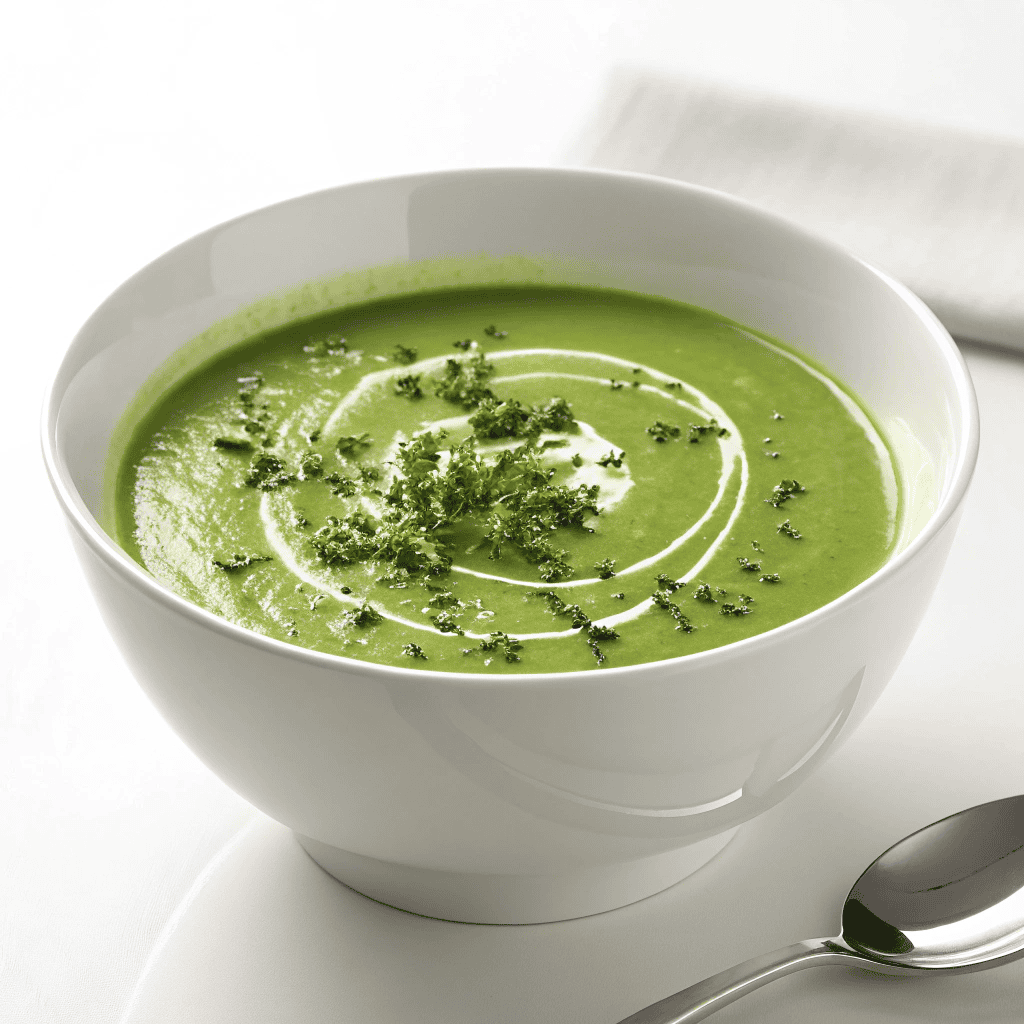 Smooth green herb soup with cream swirl served in a white bowl