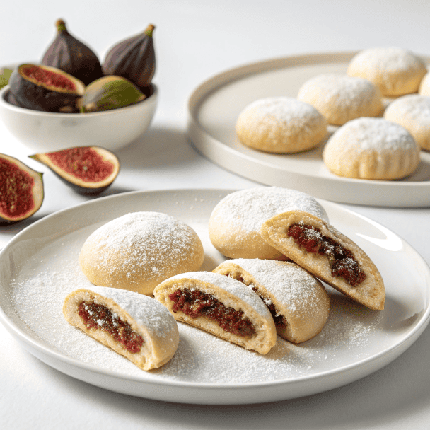 Italian Fig Cookies – Authentic Sicilian Cucidati Recipe with Nuts and Citrus 1 Fig-filled Italian cookies dusted with powdered sugar served on a white plate