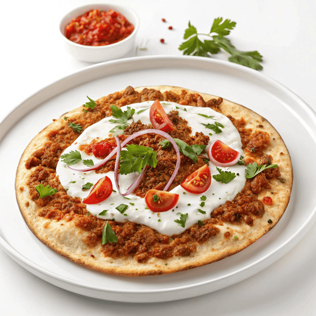 Lahmacun served on a white plate with minced meat topping and fresh vegetables