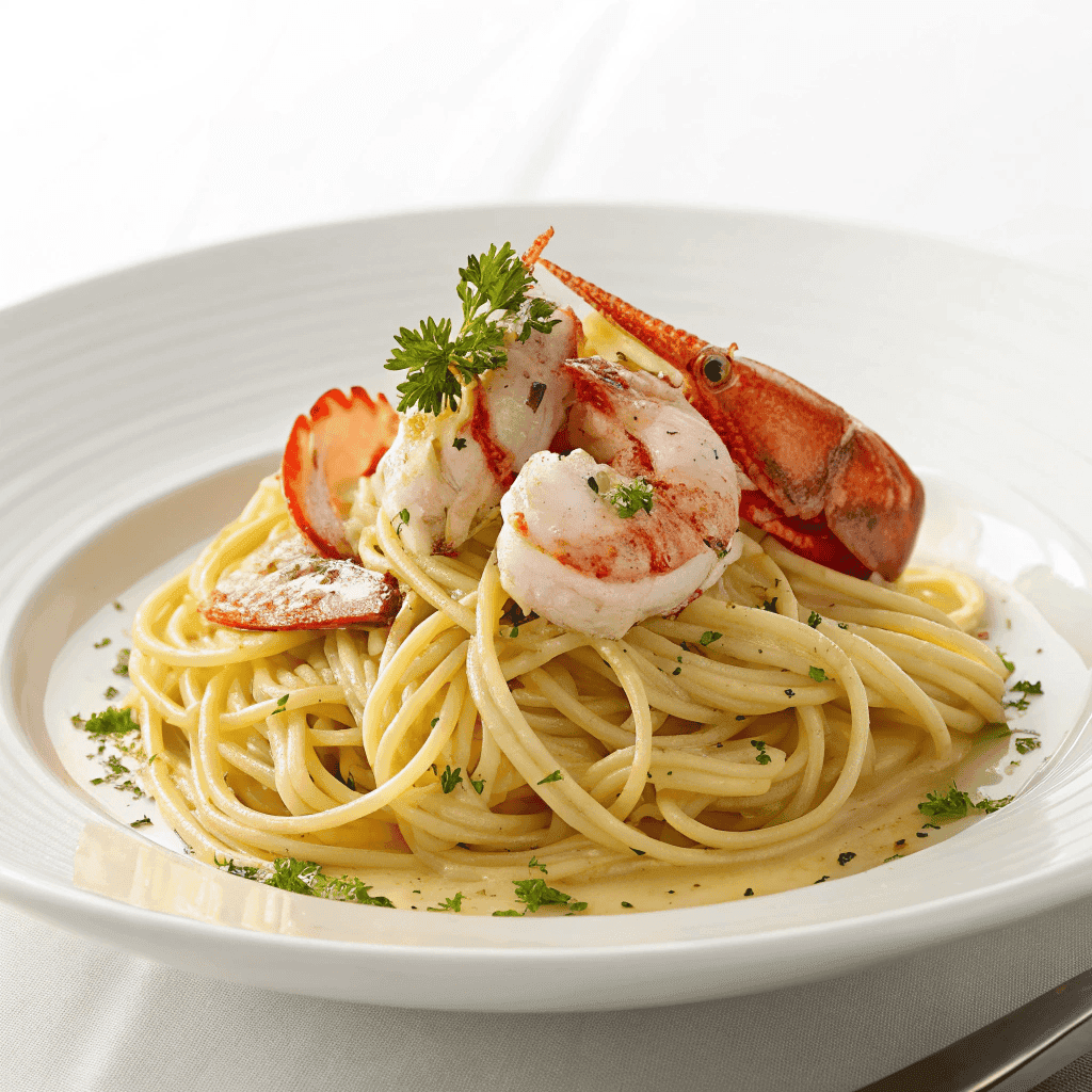 Elegant lobster pasta with linguine served on a white plate