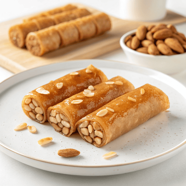 Moroccan Honey Almond Cigars – Sweet, Flaky & Fragrant Pastry Rolls 2 Full plate of Moroccan almond cigars coated in honey and sesame seeds