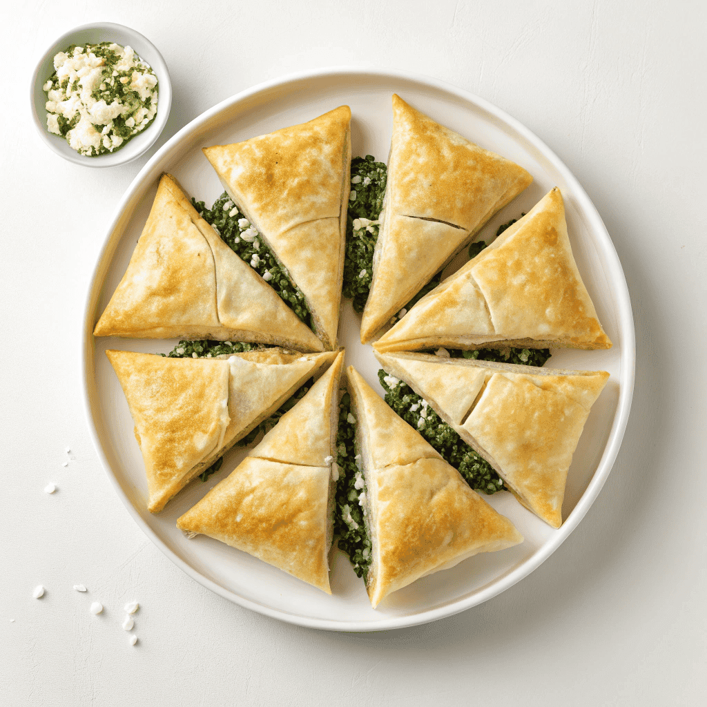Spanakopita triangles with flaky golden phyllo and spinach feta filling on a white plate