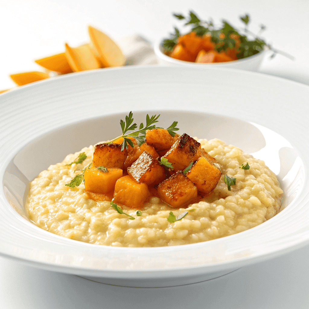 Roasted butternut squash risotto served simply on a clean white plate with caramelized squash cubes