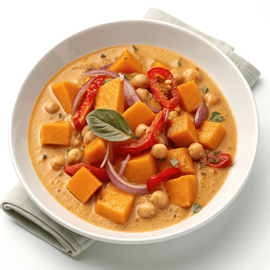 Butternut squash chickpea curry served on a white plate with creamy orange sauce, chickpeas, red peppers, and basil garnish.