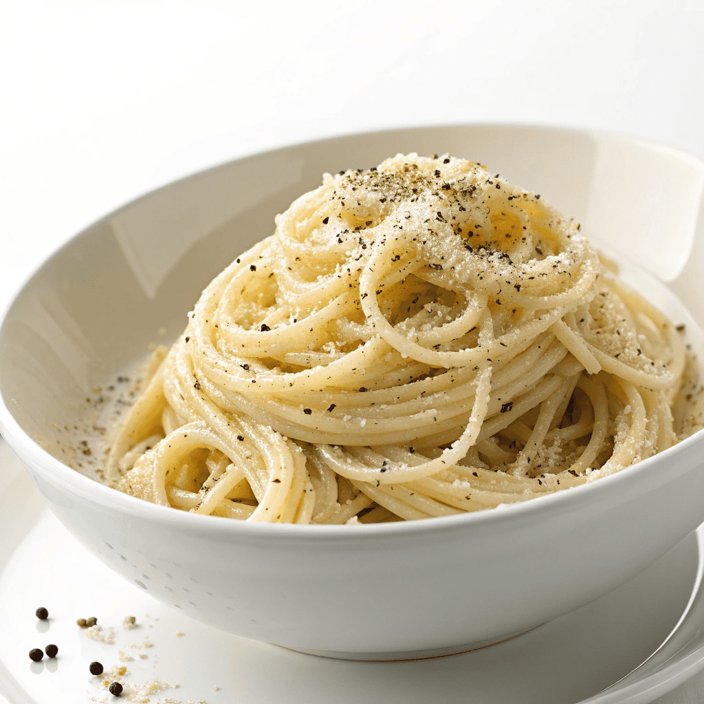Classic cacio e pepe spaghetti served in a white bowl with pecorino cheese and black pepper.