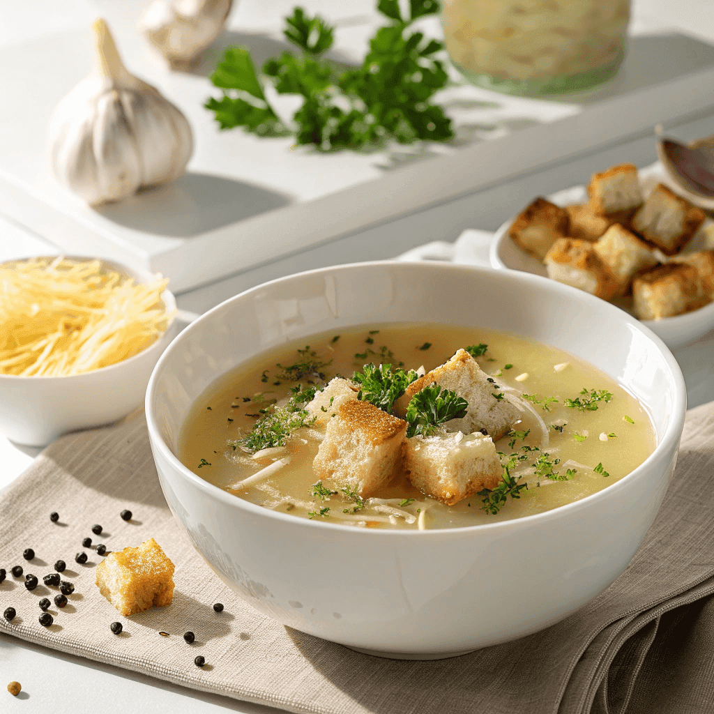 Clear Czech garlic soup served in a white bowl with croutons, parsley, and melted cheese.