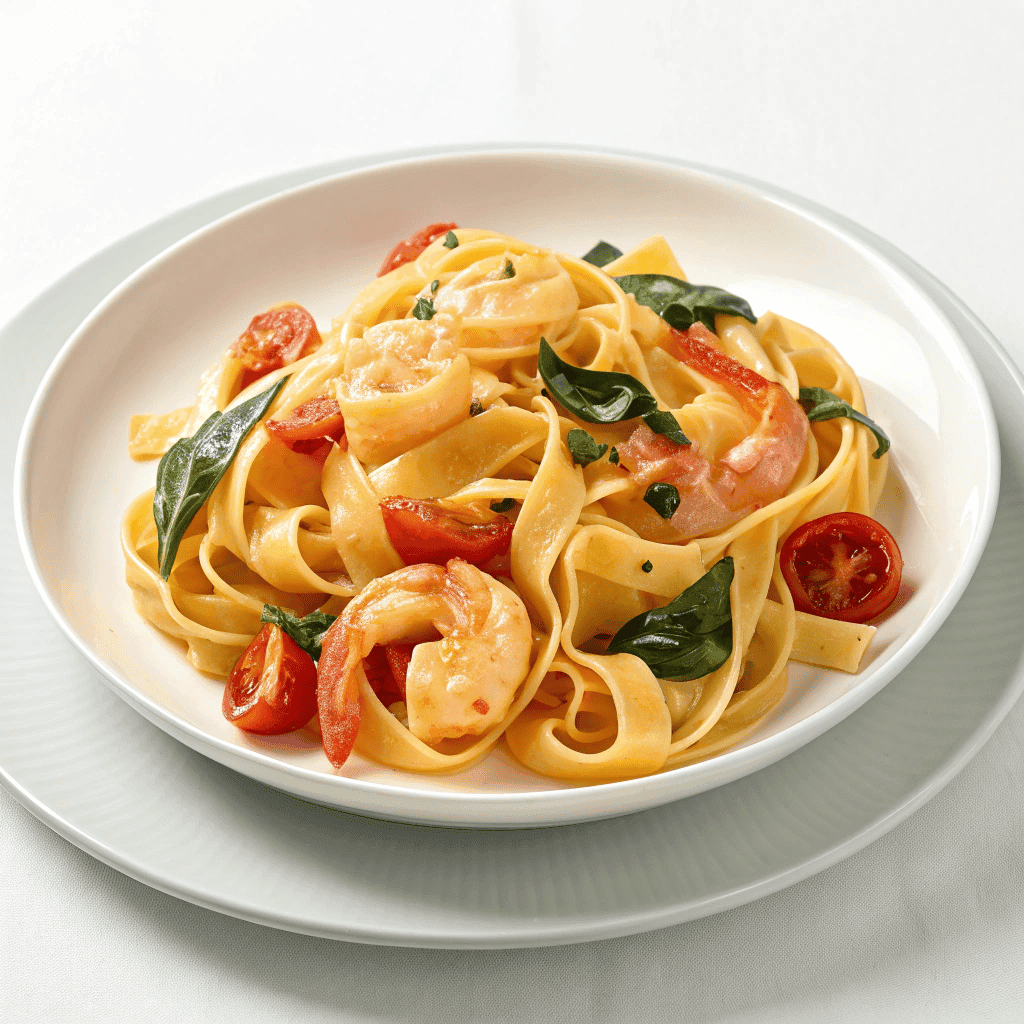 Shrimp fettuccine Alfredo served on a white plate with spinach and cherry tomatoes.