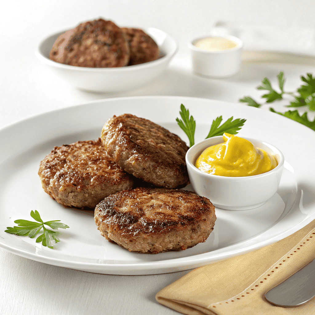 Pan-fried German Frikadellen with crispy brown crust served on a clean white plate with mustard.