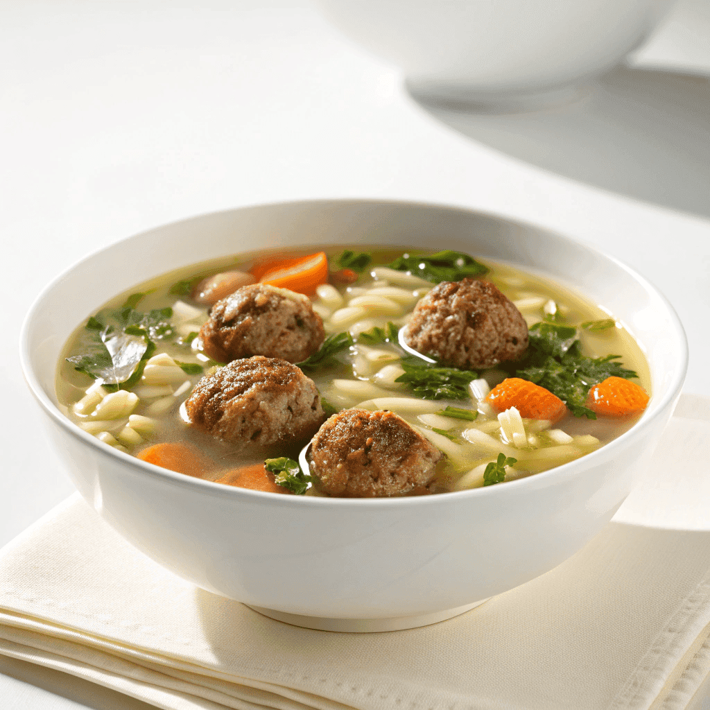 Italian wedding soup served in a white bowl with meatballs, orzo pasta, vegetables, and greens.