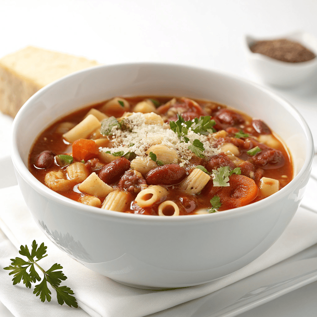 Italian minestrone soup served in a white bowl with pasta, beans, vegetables, and tomato broth.