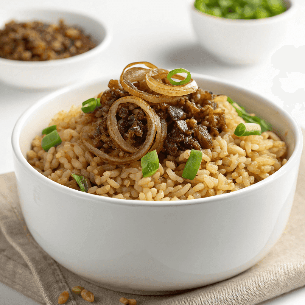 Lentil and rice Mujadara served in a white bowl topped with caramelized onions and scallions.