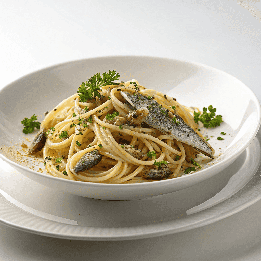 Sardine spaghetti with toasted breadcrumbs, capers, and parsley served on a white plate.