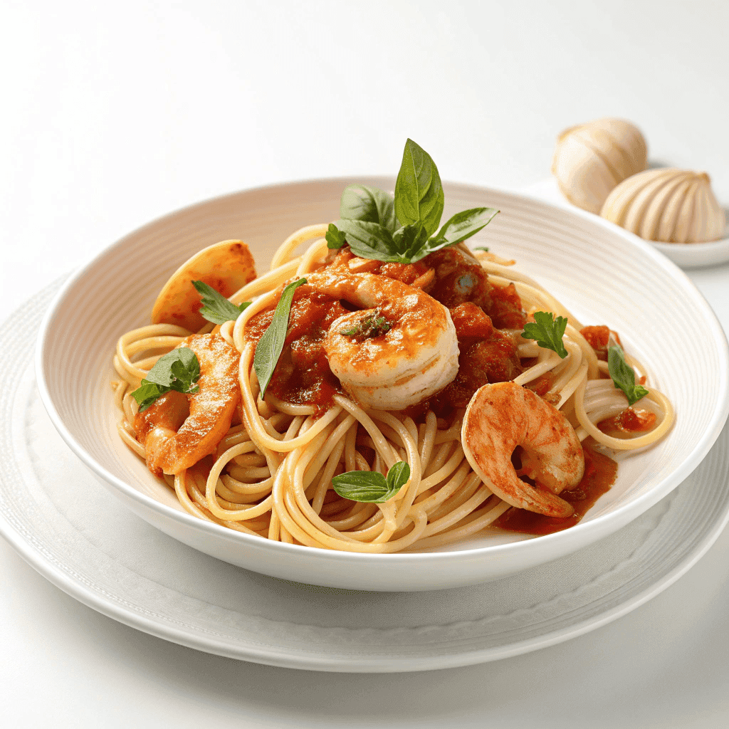 Spaghetti seafood pasta with shrimp, clams, scallops, and tomato sauce served on a white plate.