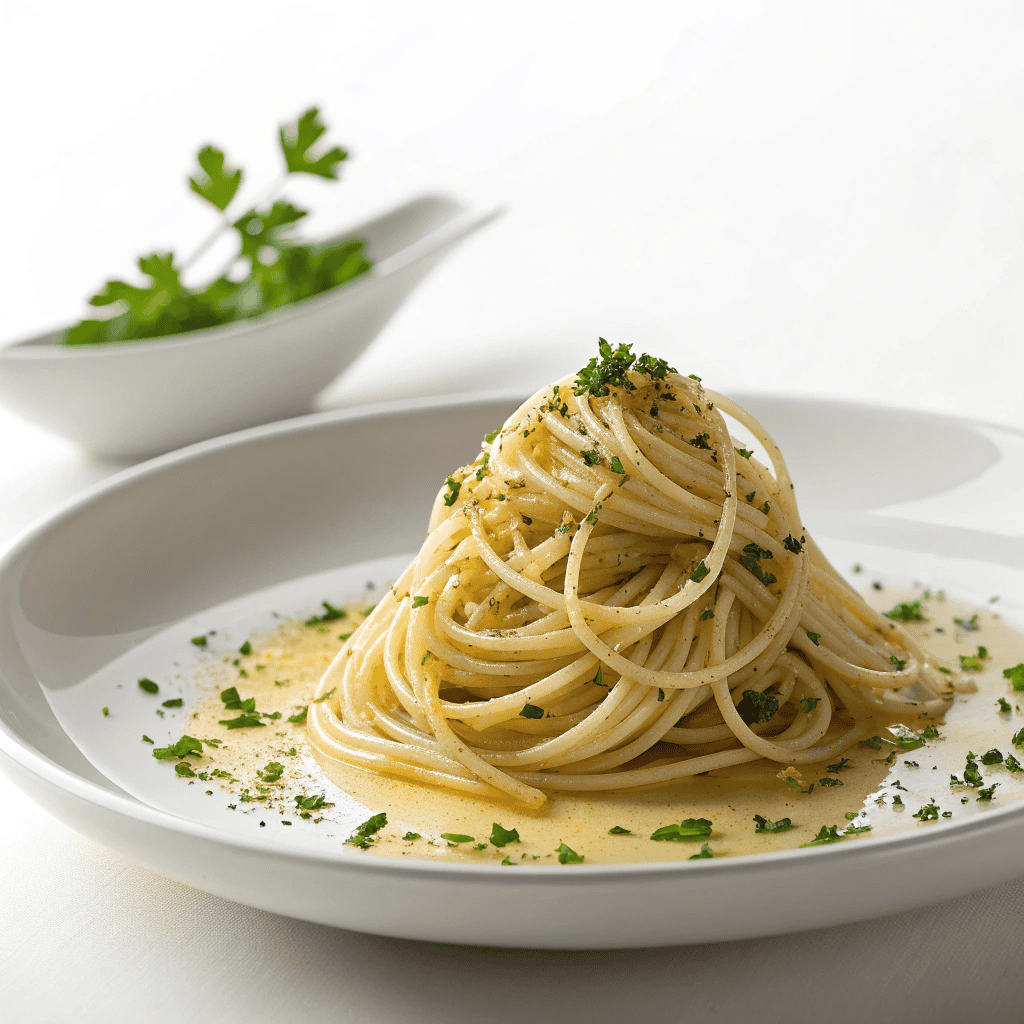 Minimalist spaghetti aglio e olio served on a white plate with olive oil and parsley.