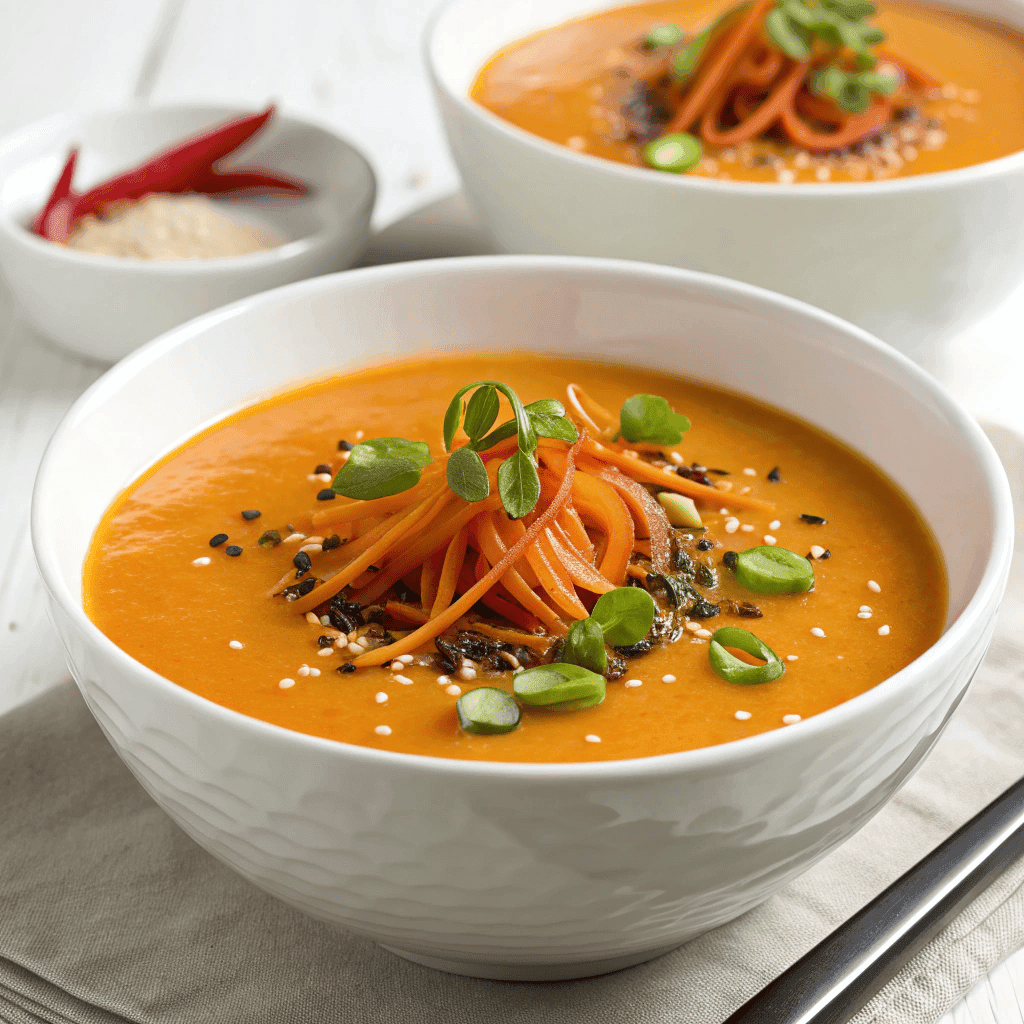 Easy Spicy Miso Carrot Soup – Creamy, Bright, and Packed with Umami 1 Creamy spicy carrot miso soup served in a white bowl with chili oil and sesame garnish.