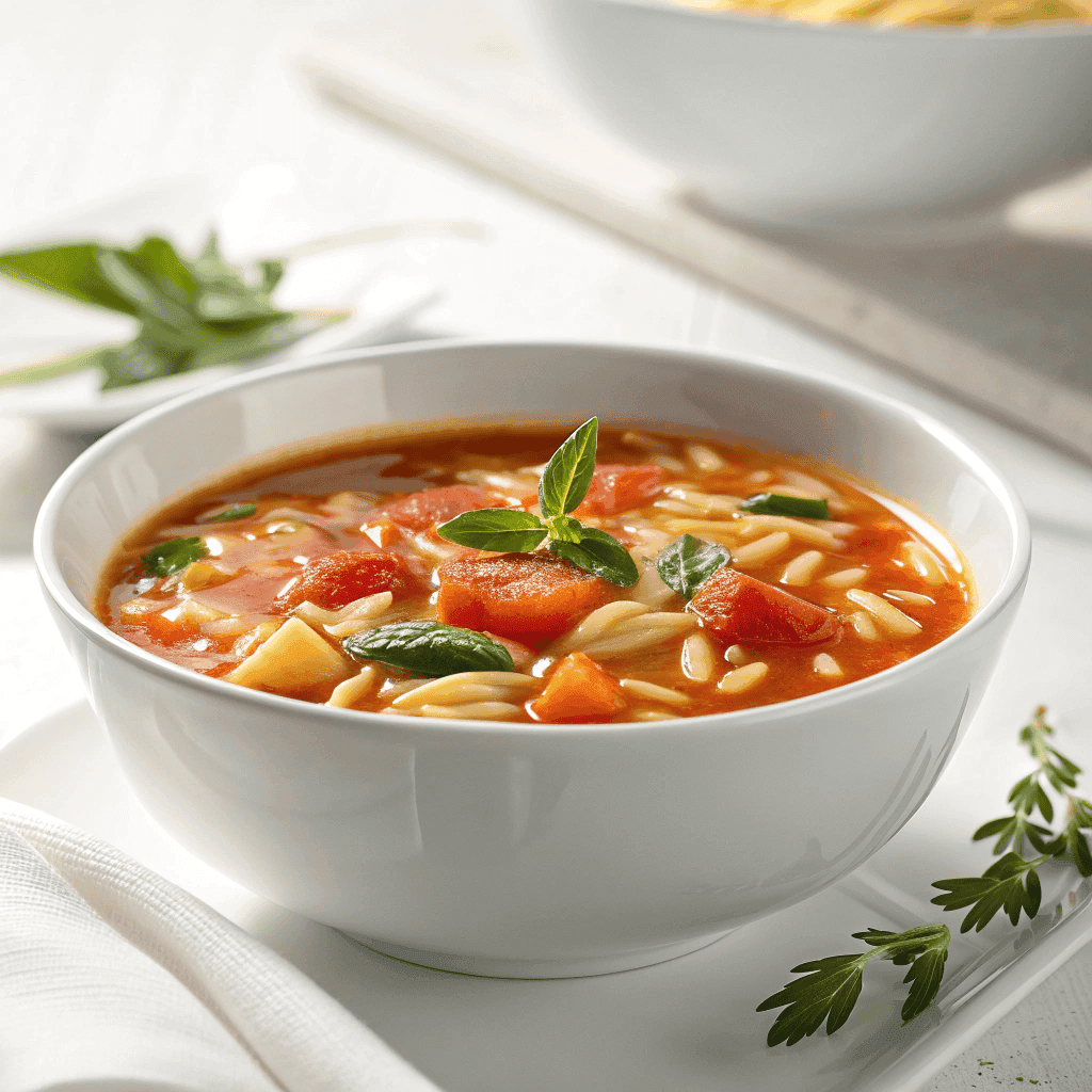 Tomato-based vegetable orzo soup served in a white bowl with carrots, potatoes, and herbs.