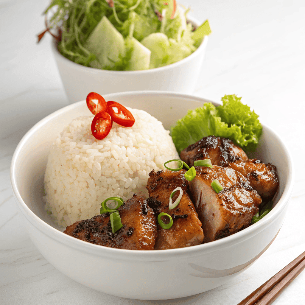 Lemongrass chicken served with jasmine rice and fresh greens in a clean white bowl.