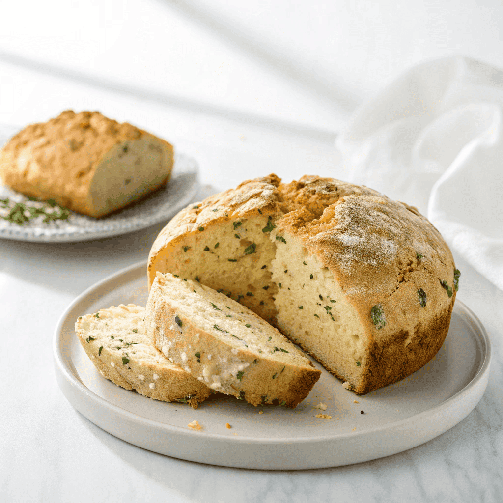 Cheddar and herb soda bread sliced on a white plate with golden crust and visible cheese and herbs