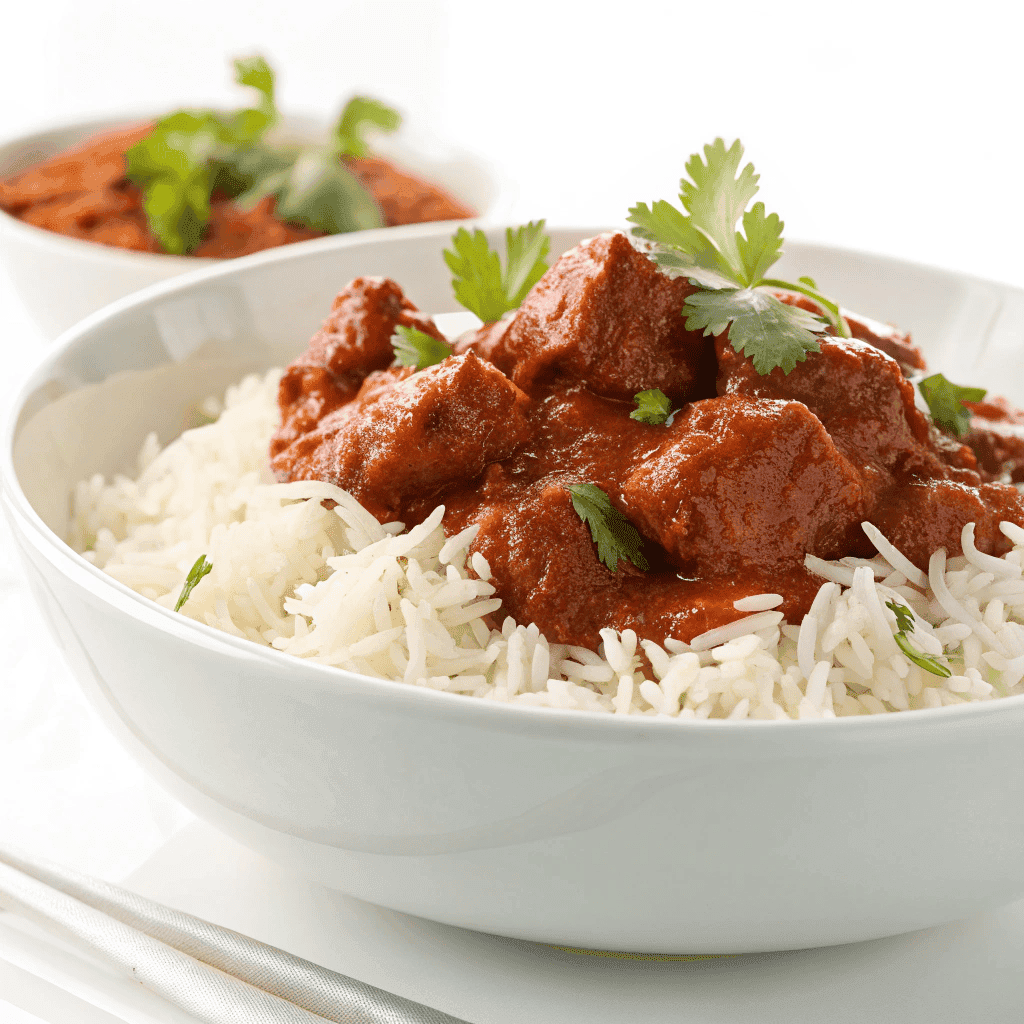 Beef Madras curry served with white basmati rice on a clean white plate, rich red sauce and tender beef