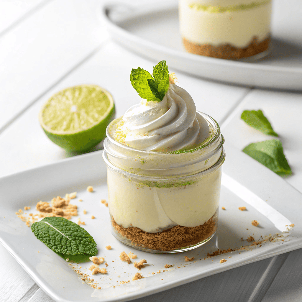 Key Lime Pie – Creamy, Tangy & Refreshingly Light 1 Key lime pie dessert jar with whipped cream and lime zest on a white plate