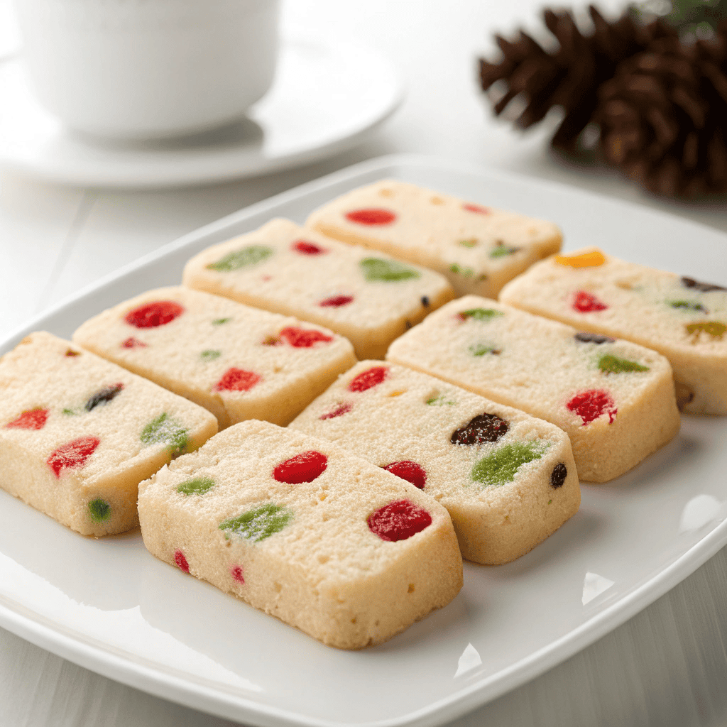 Fruitcake Shortbread Cookies – Festive, Buttery & Perfect for the Holidays 1 Fruitcake shortbread cookie bars with candied fruit served on a white plate