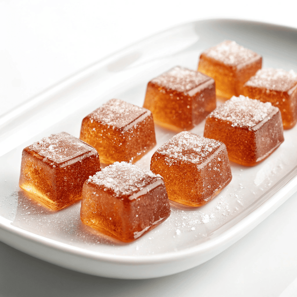 Fire-Kissed Cinnamon Glass Candy – Spicy, Sweet & Stunning 1 Cinnamon glass candy cubes with translucent amber color displayed on a white plate