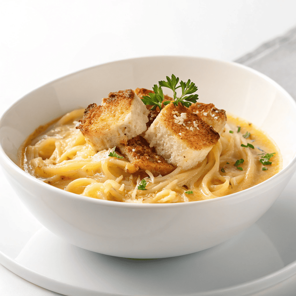 French onion soup pasta with cheesy sauce and breadcrumb topping served on a white plate