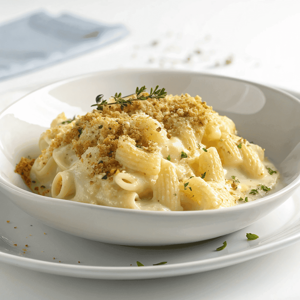 Creamy Boursin mac and cheese with breadcrumb topping served on a white plate