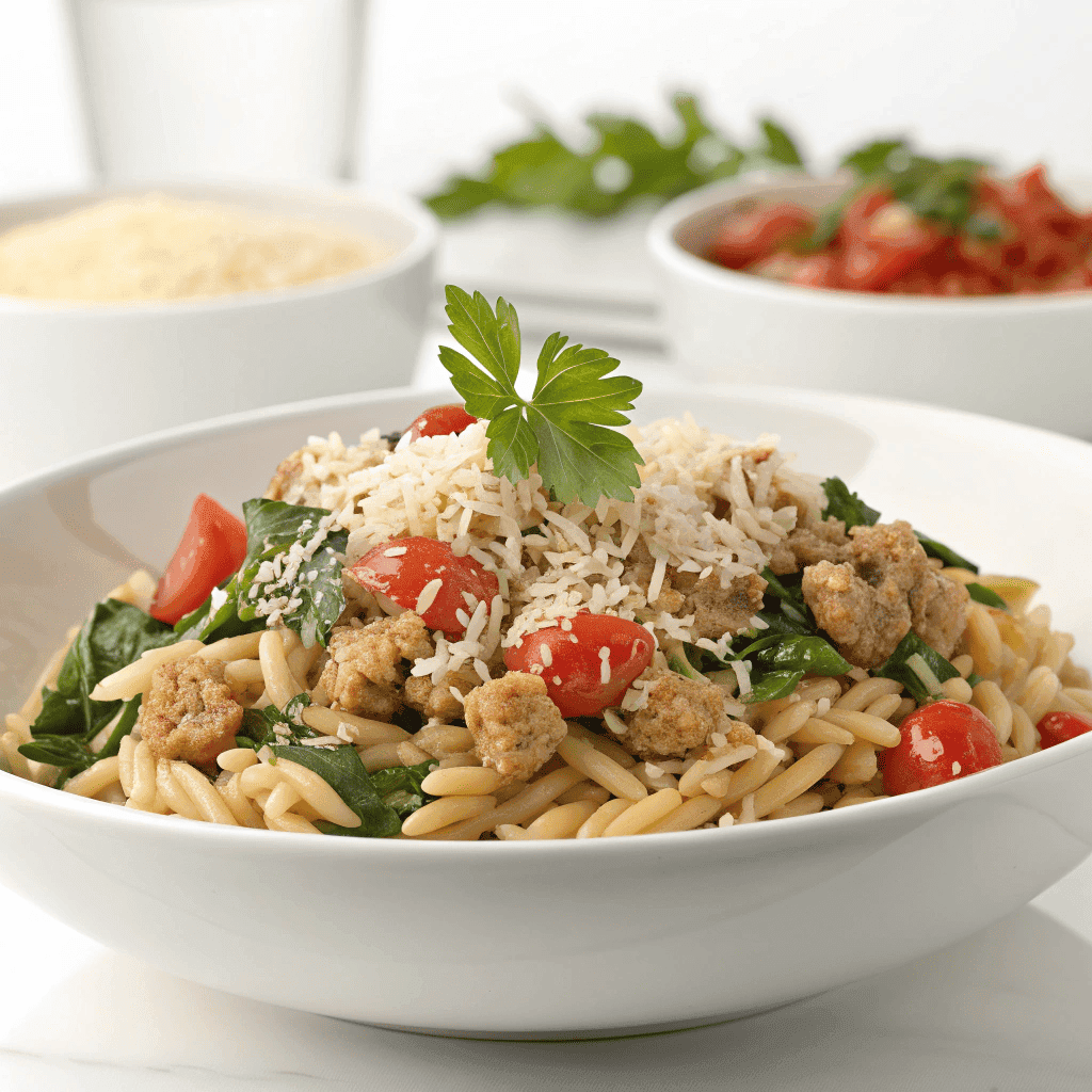 Ground turkey and orzo pasta with spinach and tomatoes served on a white plate with Parmesan