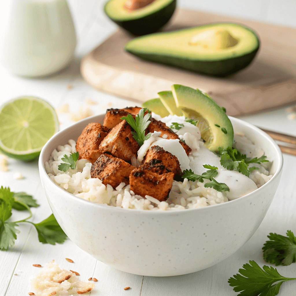 Coconut chicken rice bowl with avocado and creamy sauce served in a white bowl