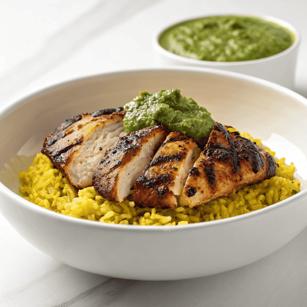 Peruvian Chicken and Rice with Green Sauce | Easy Aji Verde Bowl 1 Grilled Peruvian chicken with green sauce served over yellow rice on a white plate