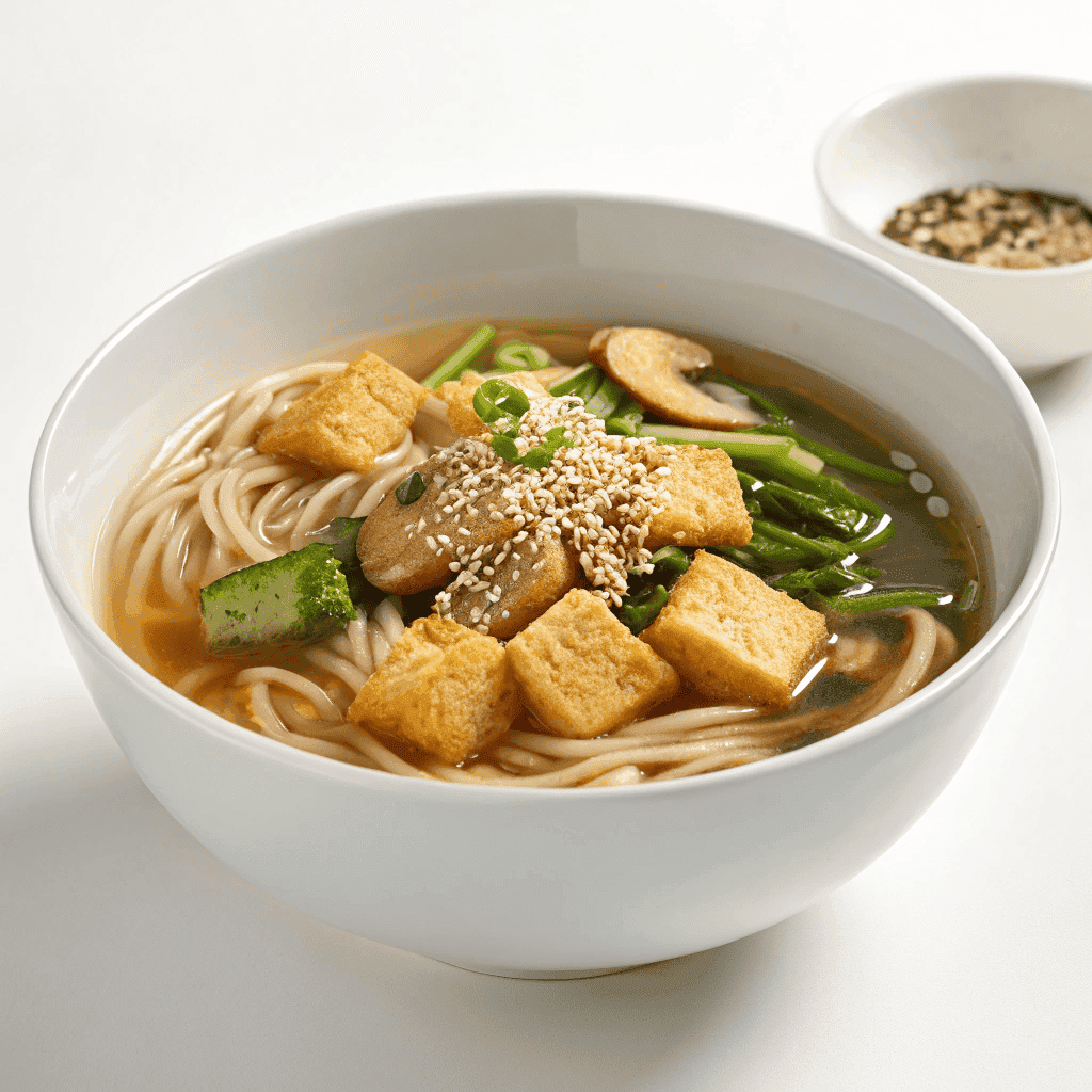 Clear soba noodle soup with tofu, vegetables, and sesame seeds served in a white bowl
