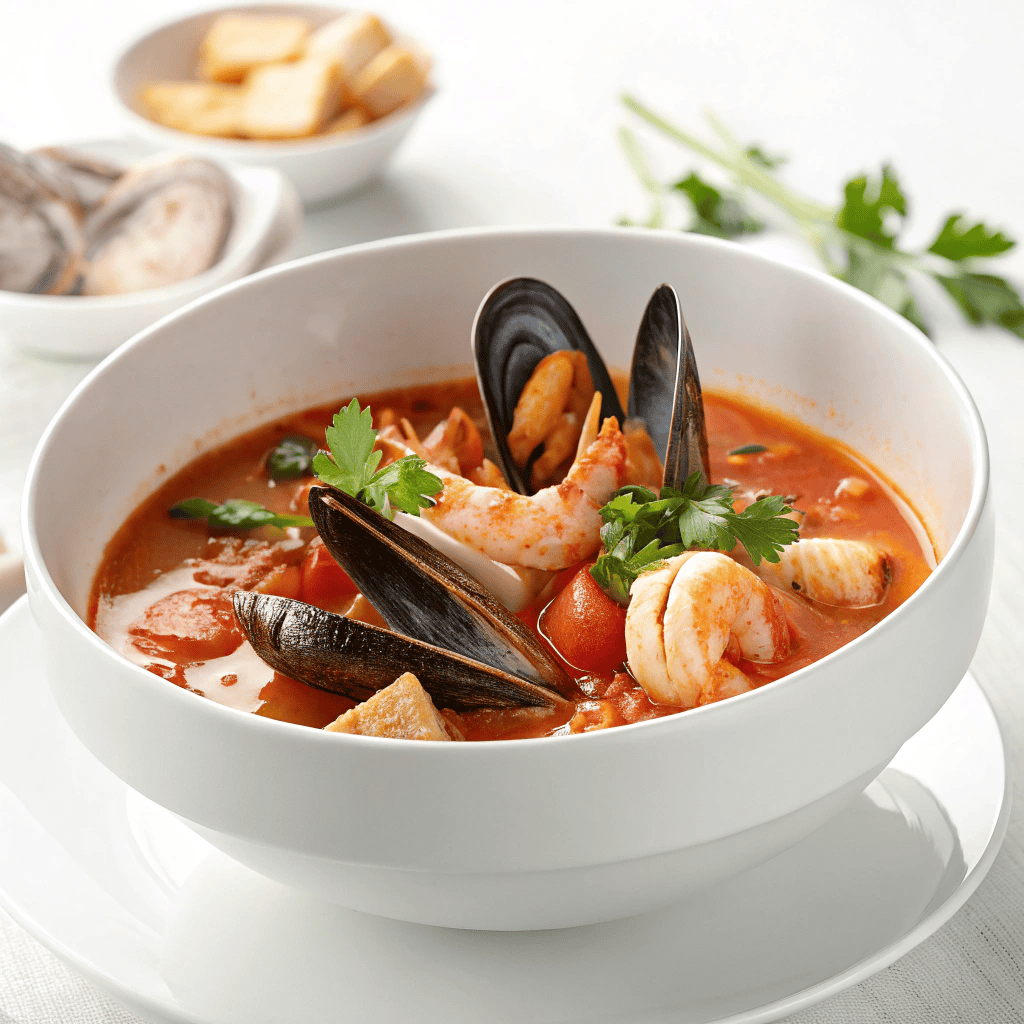 Cioppino seafood stew served in a white bowl with mussels, shrimp, and tomato broth