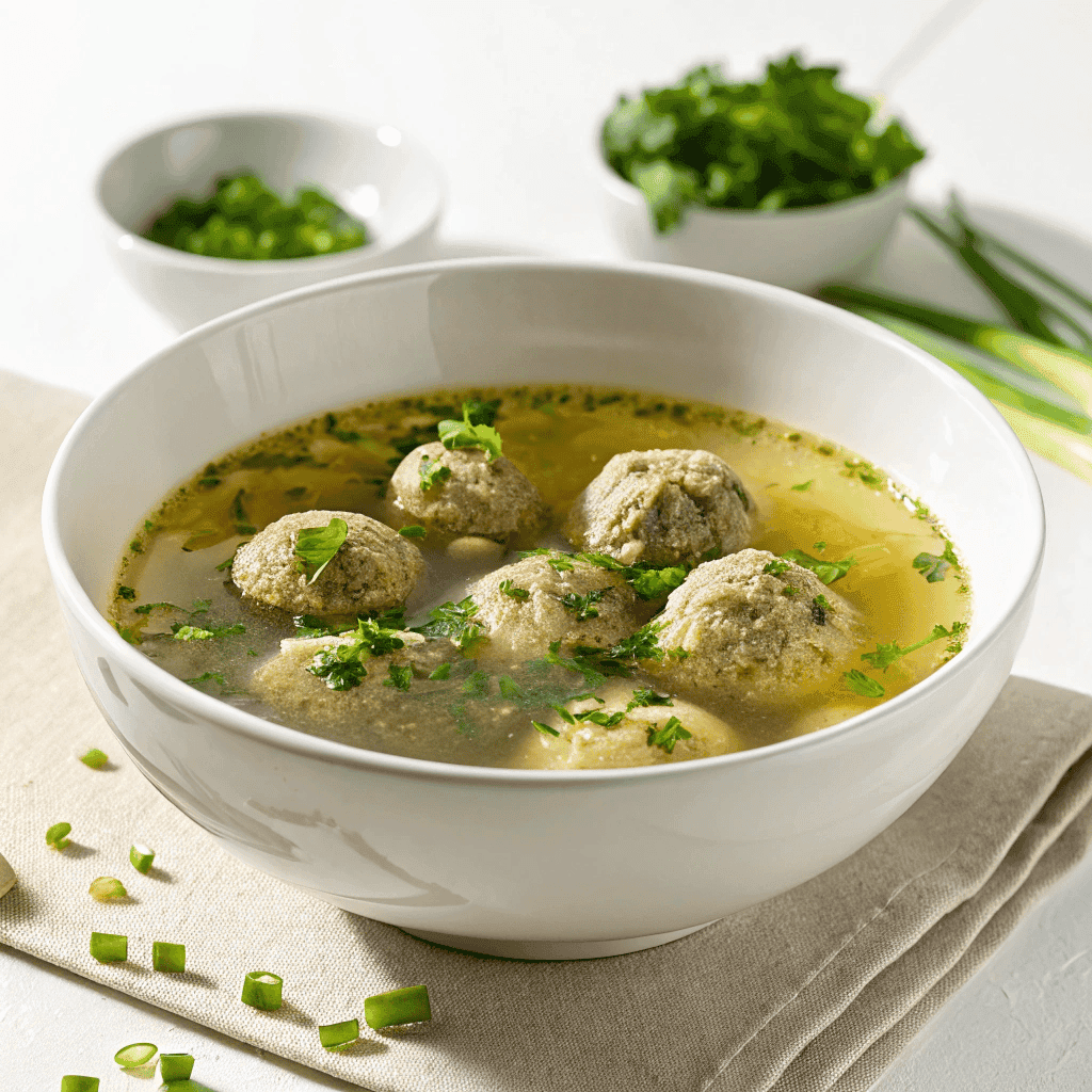 Clear Arabic meatball soup with herbs and green onions served in a white bowl