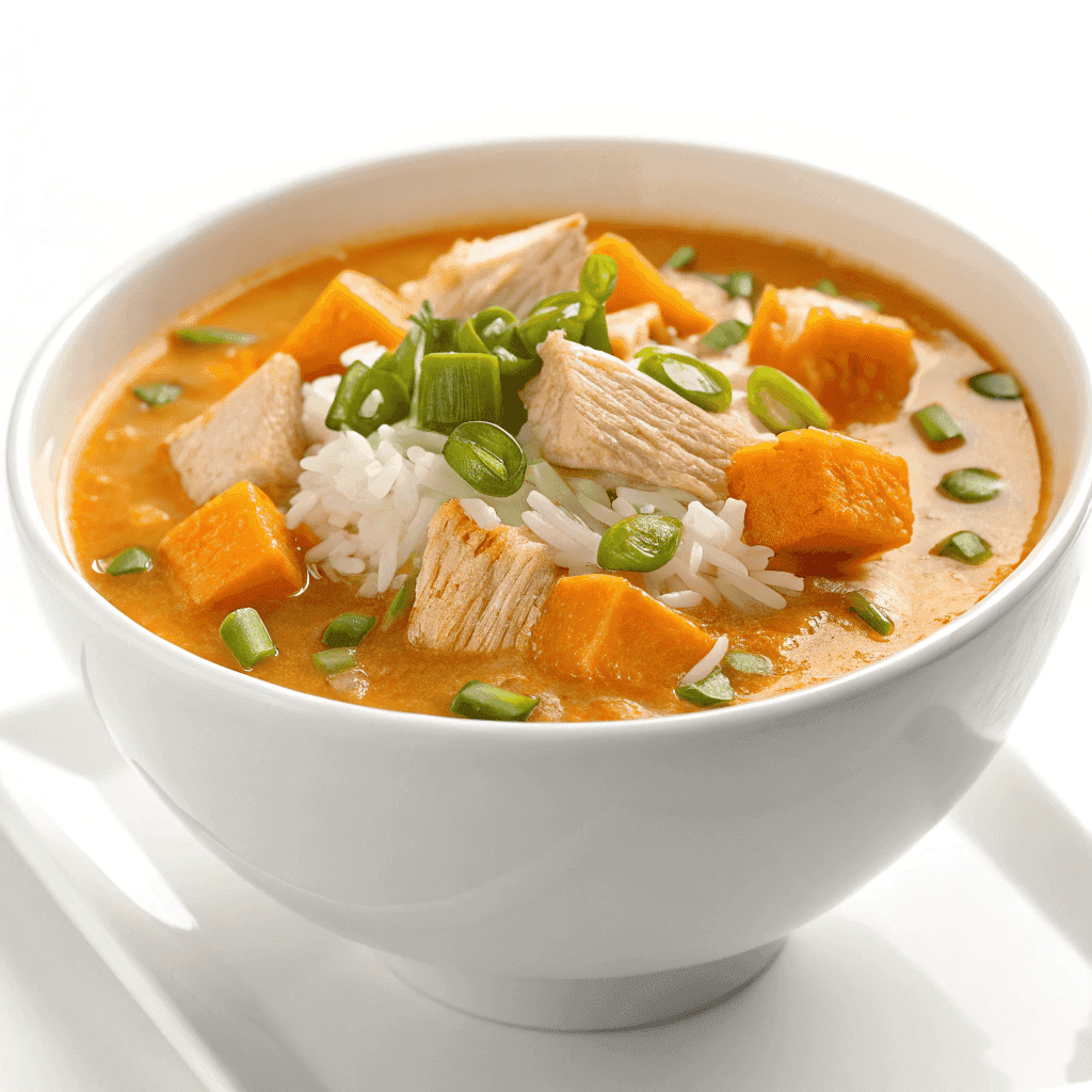 Turkey sweet potato soup with rice and green onions served in a white bowl