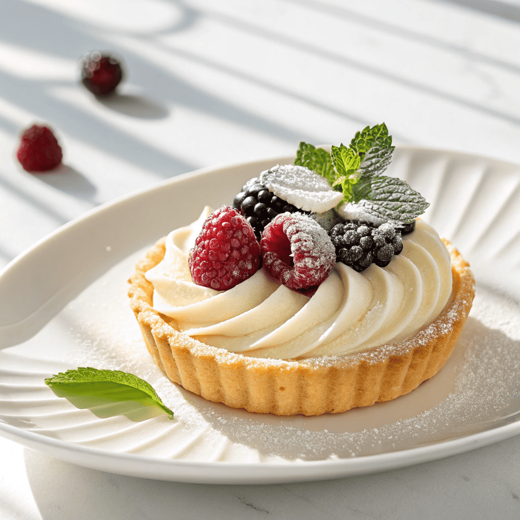 White chocolate mousse tartlet with raspberries served on a white plate