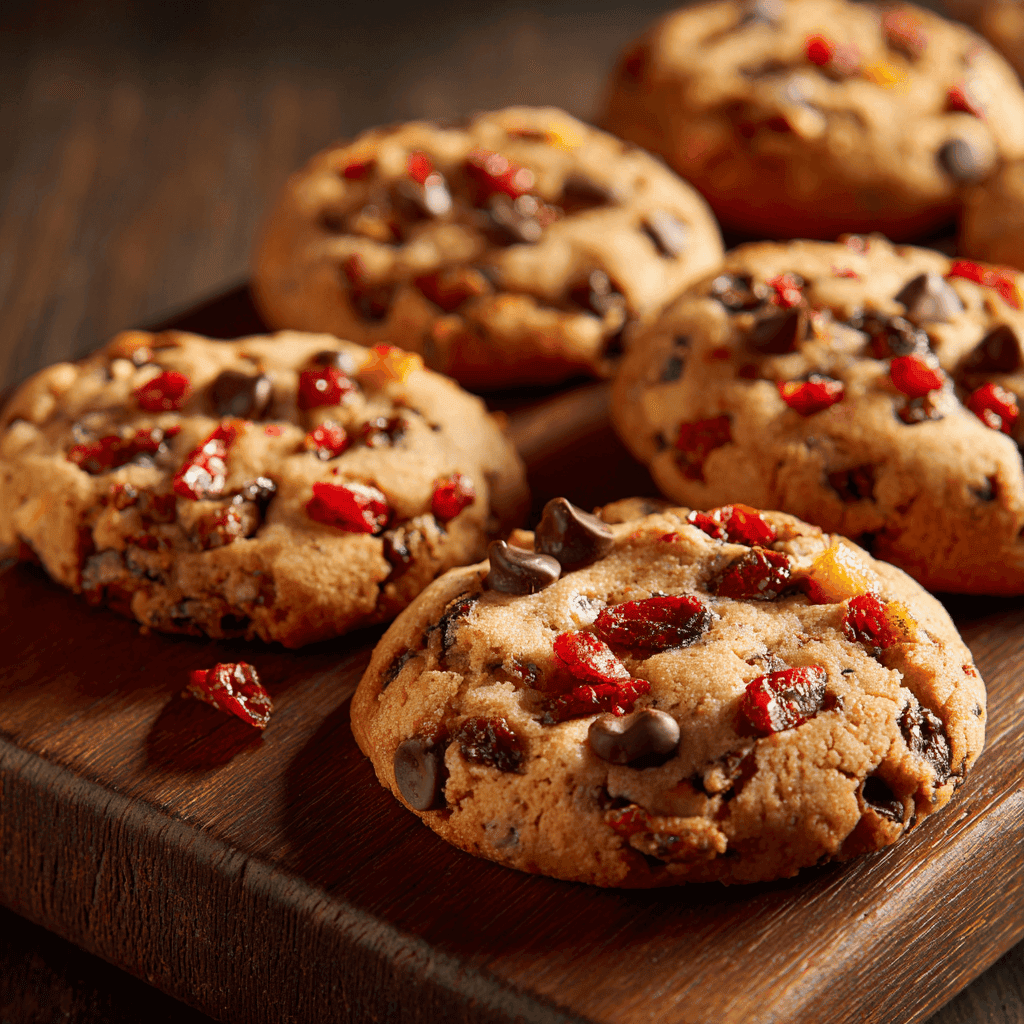 fruitcake cookies with chocolate chips and red candied fruit on wooden board