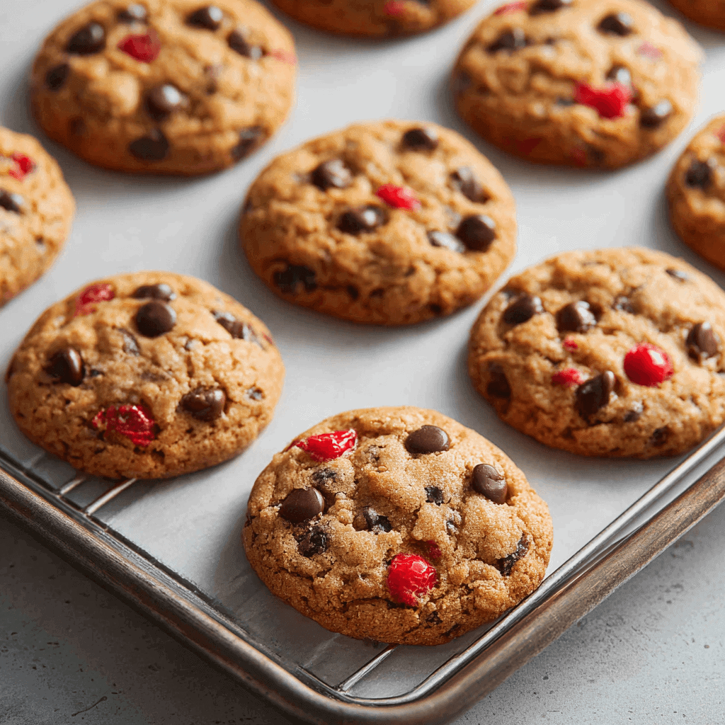 fruitcake cookies on baking sheet with candied fruit and chocolate chips