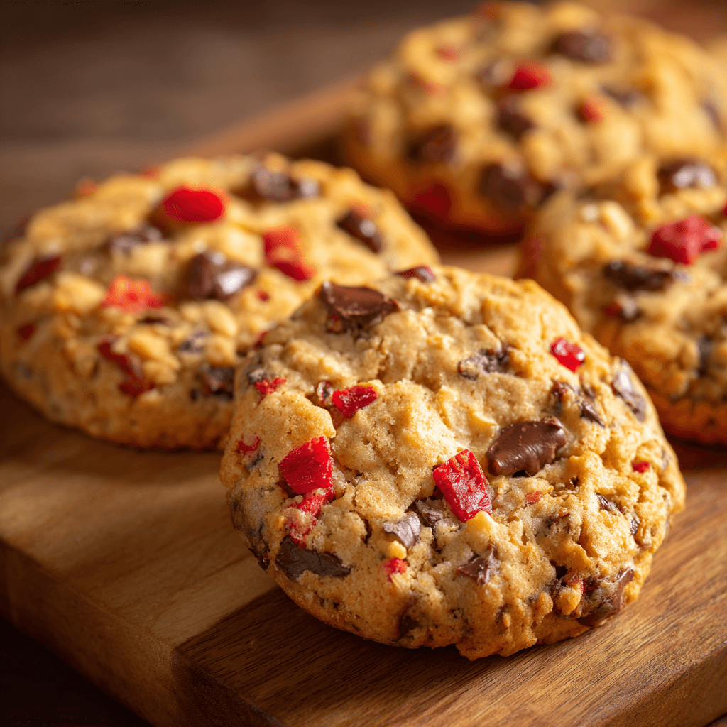 angled view of fruitcake cookies with candied fruit and chocolate chips