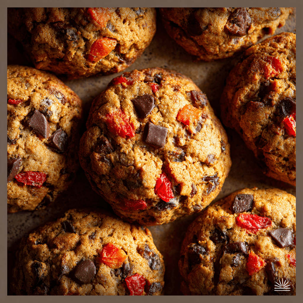 finished fruitcake cookies with golden texture chocolate chips and candied fruit