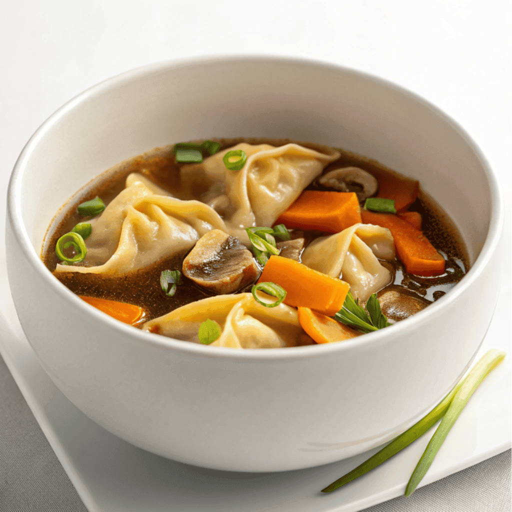 Potsticker soup with vegetables and green onions served in a white bowl.