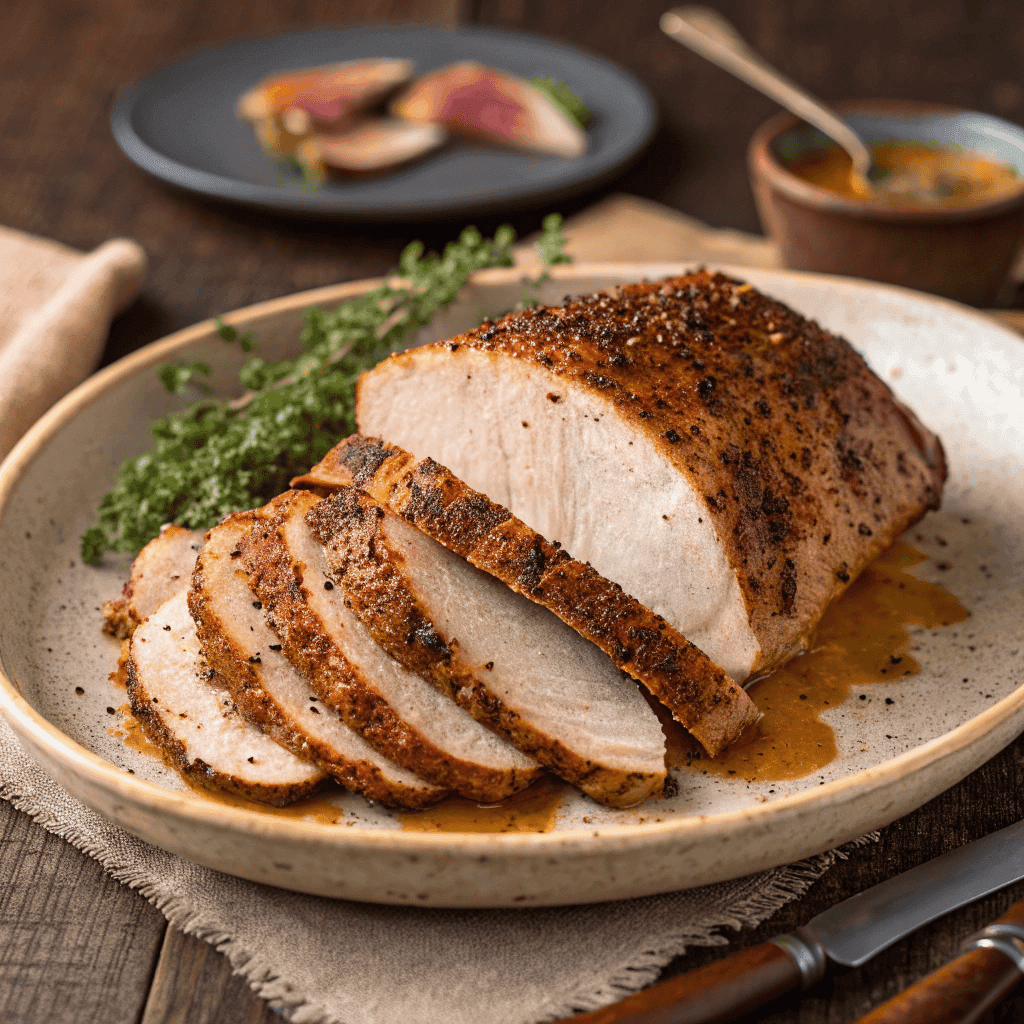 Full view of Cajun roasted turkey breast sliced and served with spiced pan juices.