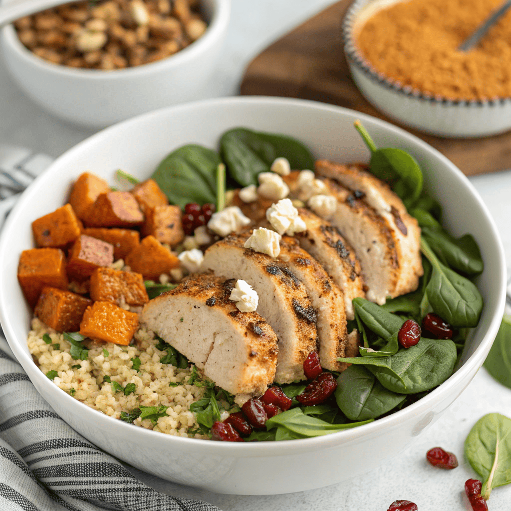 Overhead view of a full maple Dijon chicken and roasted sweet potato bowl with quinoa, spinach, feta, cranberries, and pecans.