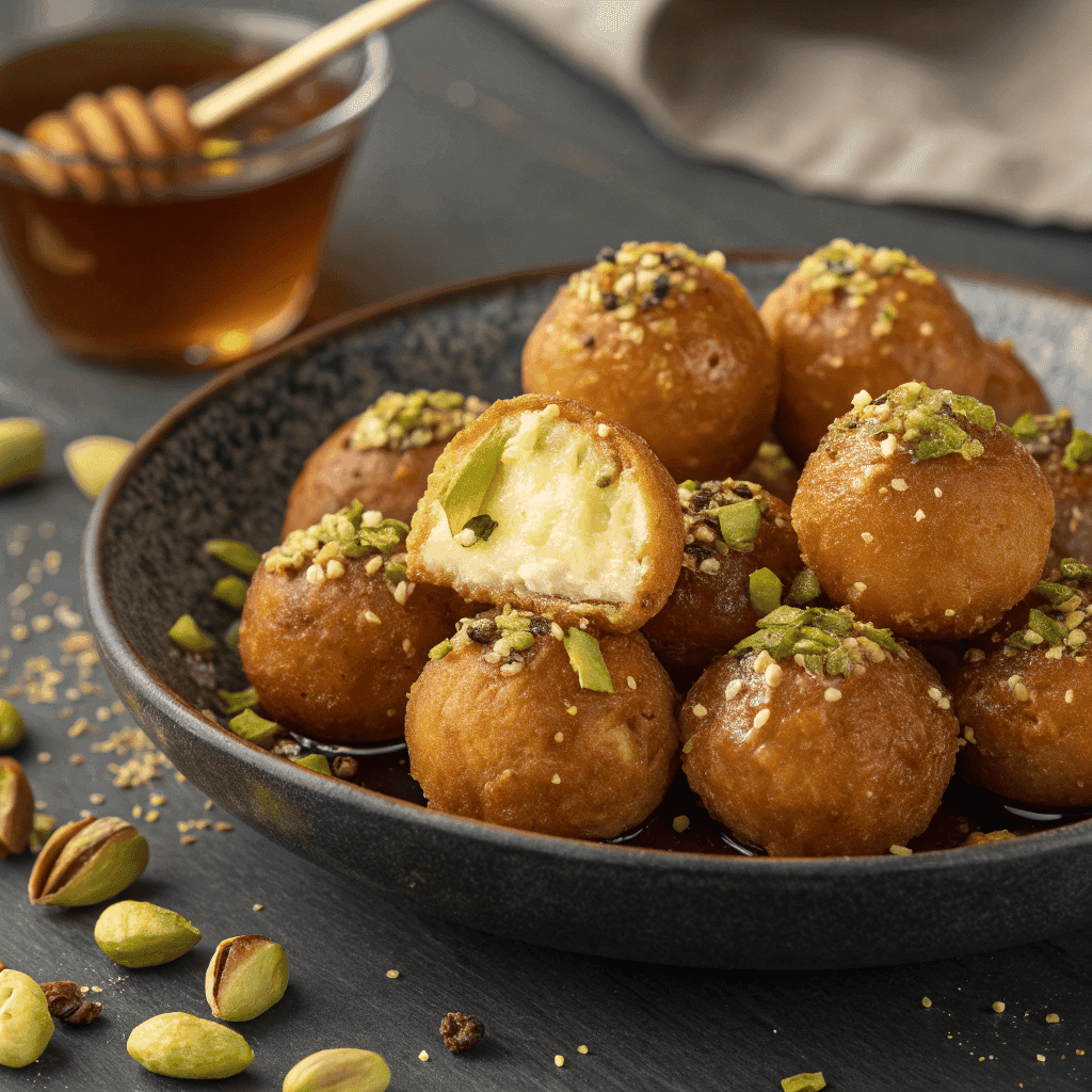 Full view of pistachio honey bites drizzled with honey and topped with pistachios.